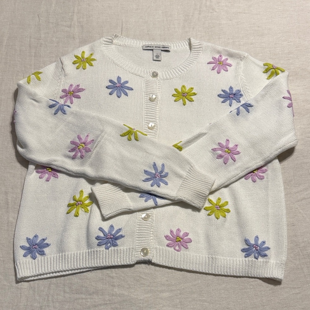 Autumn Cashmere White Cardigan with Pastel Floral Embroidery